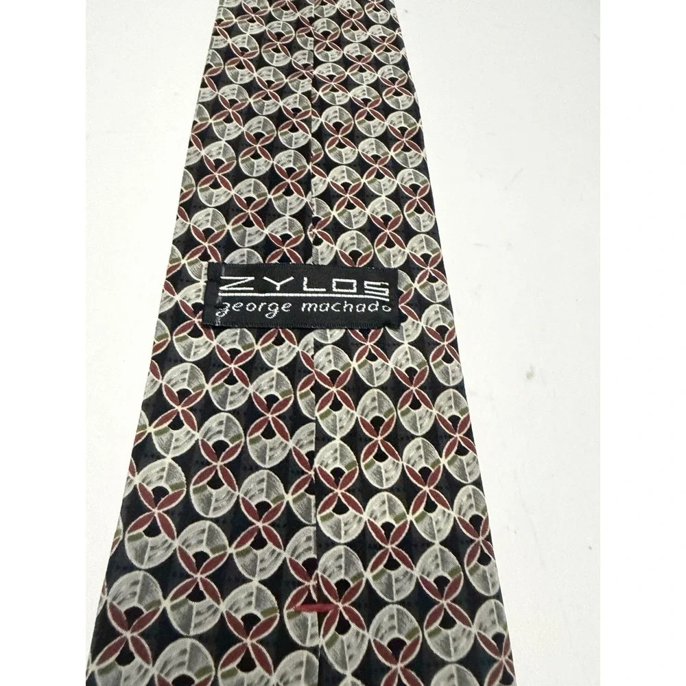Zylos George Machado Silk Tie Geometric Medallion Black Burgundy Made in USA